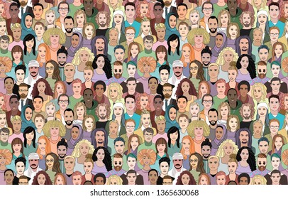 A large set of faces of young people of different nationalities. Seamless bright drawn creative pattern.