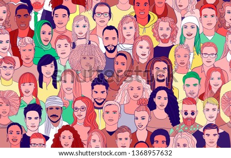 A large set of faces of young people of different nationalities. Seamless bright drawn creative pattern.