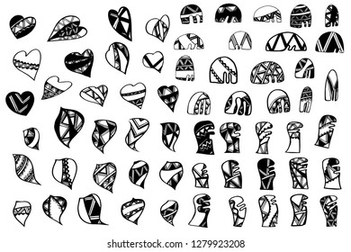 A large set of fantasy shapes from lines, spots and shapes. Vector set of ink blots and lines. Lines, stripes, traces. Sketch ink. Chaotic drawn lines. Stylization. Textured background shapes. Graphic