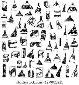 A large set of fantasy shapes from lines, spots and shapes. Vector set of ink blots and lines. Lines, stripes, traces. Sketch ink. Chaotic drawn lines. Stylization. Textured background shapes. Graphic