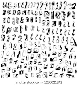 A large set of fantasy shapes from lines, spots and shapes. Vector set of ink blots and lines. Lines, stripes, traces. Sketch ink. Chaotic drawn lines. Stylization. Textured background shapes. 