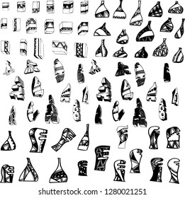A large set of fantasy shapes from lines, spots and shapes. Vector set of ink blots and lines. Lines, stripes, traces. Sketch ink. Chaotic drawn lines. Stylization. Textured background shapes. 