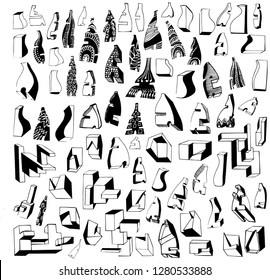 A large set of fantasy shapes from lines, spots and shapes. Vector set of ink blots and lines. Lines, stripes, traces. Sketch ink. Chaotic drawn lines. Stylization. Textured background shapes. 