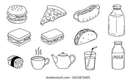 A large set of fast food and drink doodles. A hand-drawn collection of junk food, sweets, and beverages for restaurant menu design.