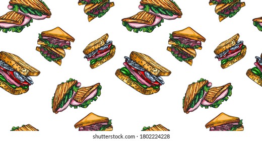 A large set of fast food sketches in the artline style. Seamless pattern. High drawing of details and elements.