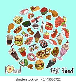 a large set of fast food and sushi for your menu, restaurant, cards and business cards. Vector illustration