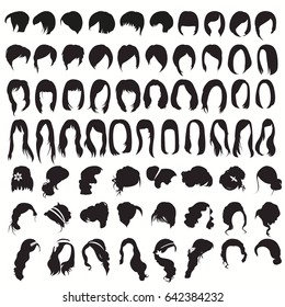 A large set of female hairstyles and haircuts on a white background 