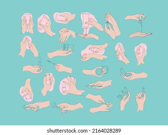 large set of female hands with a variety of cosmetics, colored delicate hands on pink spots isolated on a turquoise background, a set for creating beauty advertising and printing.