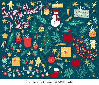 Large set of festive elements for winter celebration, new year or christmas decoration in flat style.