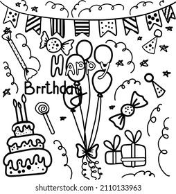 Eine große Auswahl an festlichen Illustrationen.  Für Geburtstagsfeiern, verschiedene Geschenke, Süßigkeiten und Kuchen. Handgezeichnet.