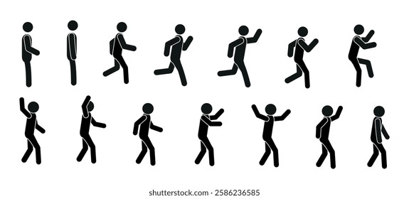 a large set of figures of small people on a white background, sketch, silhouettes of running, dancing people