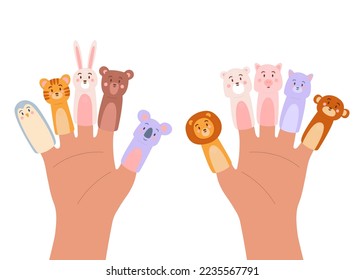 A large set of finger toys in the form of various animals on the hands, such as a cat, a lion, a bear, a koala, a penguin. Funny dolls for playing with children.