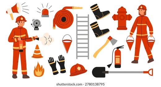 Large set of fire fighting equipment and tools and two firefighters, man and woman professional firefighters. Flat vector set.