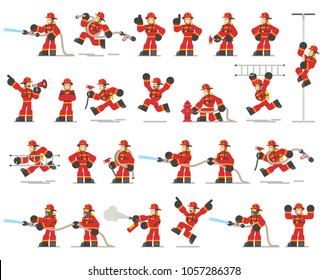 Large set of firefighter character poses, gestures and actions. Vector illustration flat design.