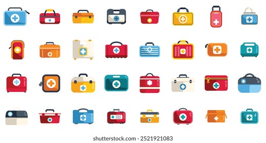 Large set of first aid kits icons showing different types and styles for medical treatment