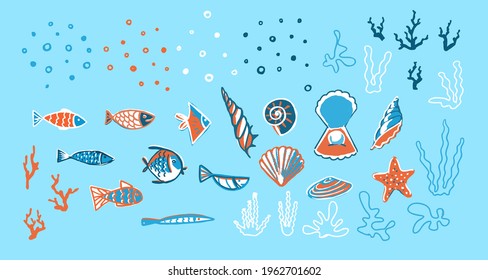 A large set of fish, shells, algae and additional elements. Marine theme.