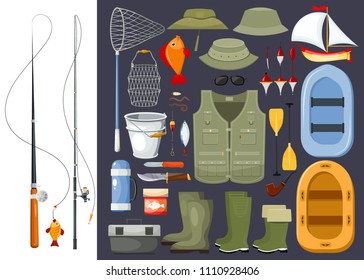 Large set of fisherman fishing gear items with a fishing rod and spinning, boats, boots, net and bait. Vector illustration