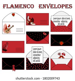Large set of Flamenco envelopes with traditional polka dots ornament and flamenco dancer's attributes. Good for congratulations and invitations.