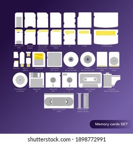 Un gran conjunto de tarjetas flash, medios y unidades de memoria antiguas. Imagen vectorial aislada.