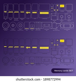 Un gran conjunto de tarjetas flash, medios y unidades de memoria antiguas. Imagen vectorial aislada.