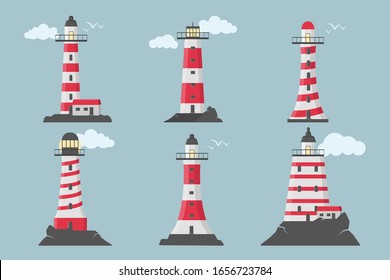 Large set of flat beacons. Lighthouses with clouds in flat design. Search towers with a searchlight beam for marine navigation of ships.  Vector illustration, EPS 10.