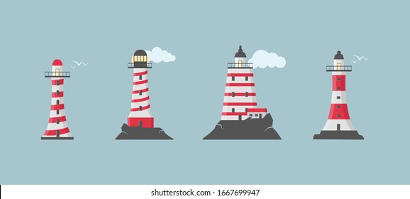 Large set of flat beacons. Lighthouses with clouds in flat design. Search towers with a searchlight beam for marine navigation of ships.  Vector illustration, EPS 10.