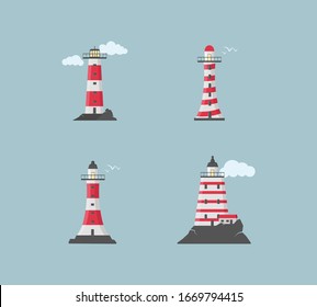 Large set of flat beacons. Lighthouses with clouds in flat design. Search towers with a searchlight beam for marine navigation of ships.  Vector illustration, EPS 10.