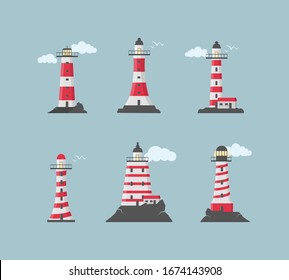 Large set of flat beacons. Lighthouses with clouds in flat design. Search towers with a searchlight beam for marine navigation of ships.  Vector illustration, EPS 10.