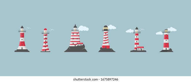 Large set of flat beacons. Lighthouses with clouds in flat design. Search towers with a searchlight beam for marine navigation of ships.  Vector illustration, EPS 10.