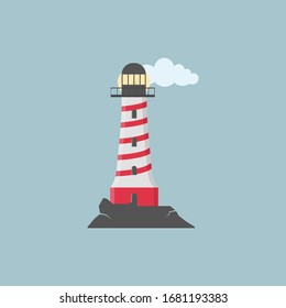 Large set of flat beacons. Lighthouses with clouds in flat design. Search towers with a searchlight beam for marine navigation of ships.  Vector illustration, EPS 10.