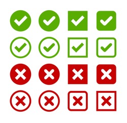 Large Set Of Flat Buttons: Green Check Marks And Red Crosses. Circle And Square, Hard And Rounded Corners.