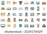 Large set of flat icons depicting various aspects of video, video content and online education