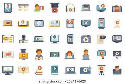 Large set of flat icons depicting various aspects of video, video content and online education