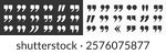 A large set of flat icons in the form of quotation marks on a light and dark background. A set of quotation marks, an isolated black and white vector icon in the form of a comma. Vector EPS 10.