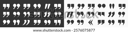 A large set of flat icons in the form of quotation marks on a light and dark background. A set of quotation marks, an isolated black and white vector icon in the form of a comma. Vector EPS 10.