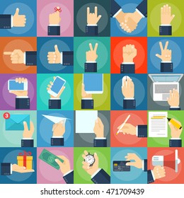 A large set of flat icons hand and gestures. Hands operating phones, tablets, laptops, and gadgets.