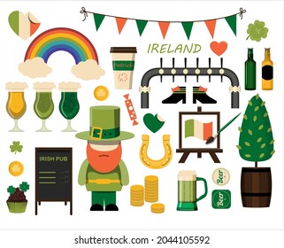 A large set of flat icons for Saint Patrick s Day A set of illustrations for a party, invitation, postcard or banner. Vector clipart with images of beer, rainbow, gnome, beard, coins, and clover.