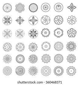 Large Set of flat liner icon flower. Black and white, Isolated floral elements for coloring book. Floral icons, logo, stickers, labels, tags. Create imaginary composition.