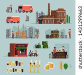 Large set of flat vector brewery and craft beer production design elements featuring brewery building, equipment, kegs and barrels, beer crates, supply, beer lover characters, workers, bar, pub, etc.