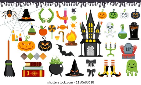 Large set of flat vector icons for decorating greeting and promotional products for Halloween. Sticker, badge and logo in form of monster, pumpkin, ghost or grave in cemetery. Characters and objects.