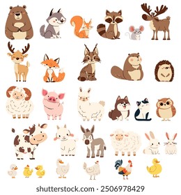 Large set of flat vector illustrations in children's style. Wild animals of summer and farm pets 