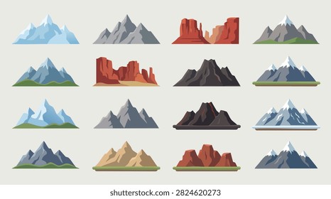  Large set of flat vector mountain icons including snowy peaks canyons and rocky hills