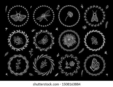 A large set of floral elements in the style of the Gothic Princess. Wreaths of flowers and twigs. Moths, dragonfly, bee and other insects. Great for Halloween.