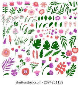 Large set of floral elements. Template for making flower arrangements. Decor for wedding cards and congratulations on Mother's Day and March 8th. Vector illustration isolated on white background.