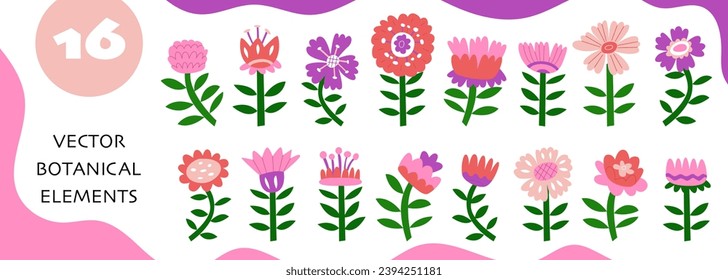 Gran conjunto de elementos florales. Plantilla para hacer arreglos florales. Decoración para tarjetas de boda y felicitaciones por el Día de la Madre y el 8 de Marzo. Ilustración vectorial aislada en fondo blanco.