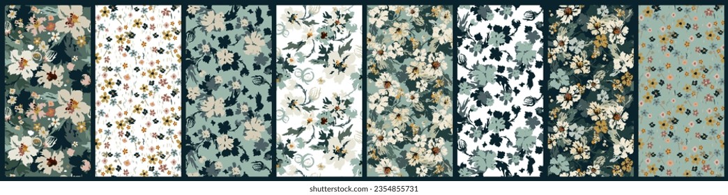 Large set of floral seamless patterns with ornamental plants in trendy colors. Creative, romantic, modern vector for textile decor, design, print, business