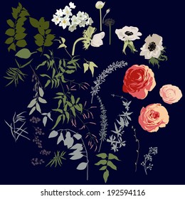 Large set of flowers, berries and leaves for bouquets and other graphic elements