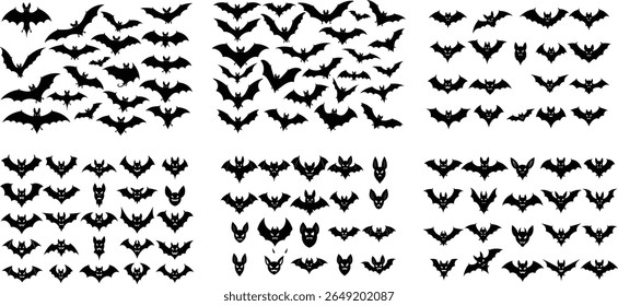 Large set of flying bat silhouettes. Grunge vector illustration pack for Halloween, horror designs, and spooky decorations.