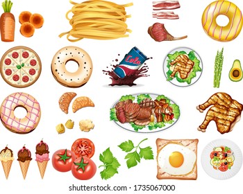 Large set of food and desserts on white background illustration