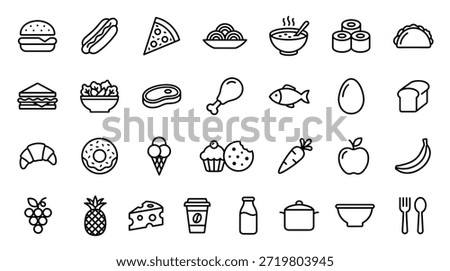 Large set of food and drink line icons featuring meals, fast food, fruits, vegetables, and desserts in a minimalist black outline style for graphic design